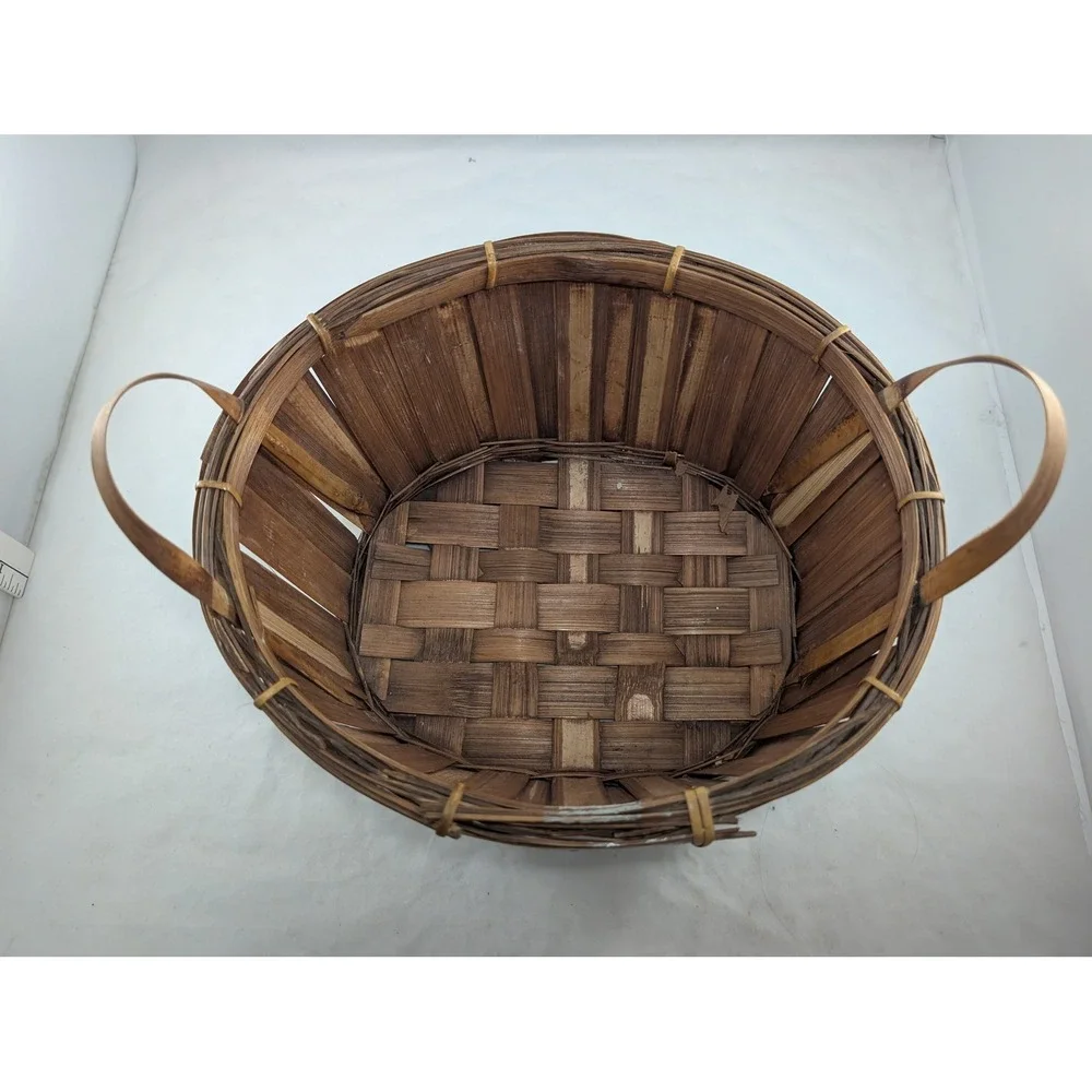 Vintage Woven Bamboo Strawberry Basket Oval Slatted Wood Storage with Handles